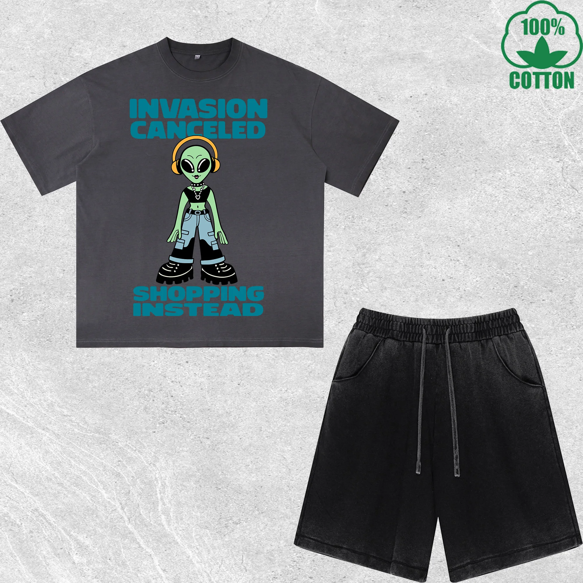 

Shopping Instead Printed Dirty Wash T-Shirt Shorts Set Multicolor Combo Loose Trendy Fashionable 100%Cotton
