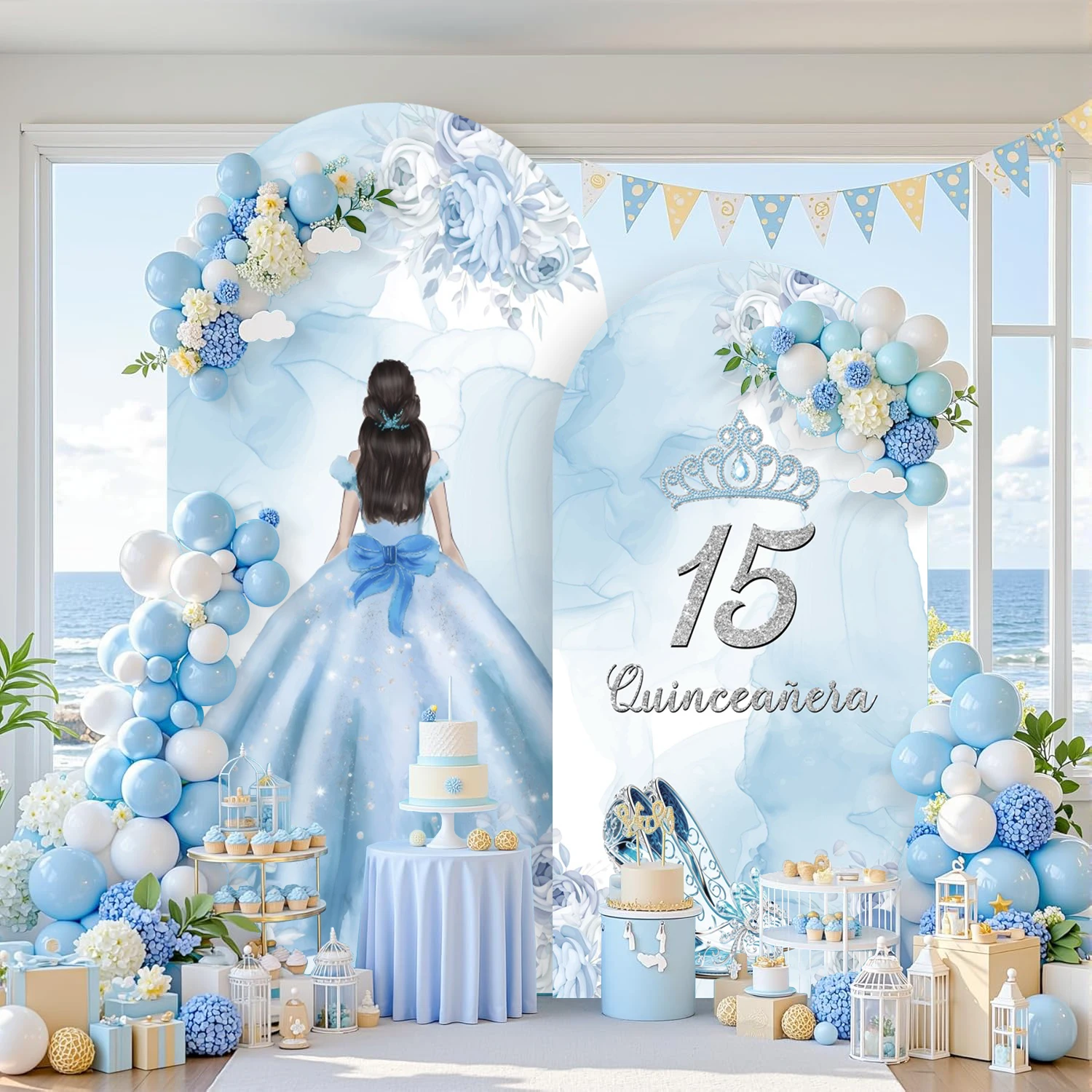 Blue Castle Butterfly Arch Cover Backdrop Crown Dress Queen Princess Sweet Girls 15th Birthday Party Decoration Photo Background