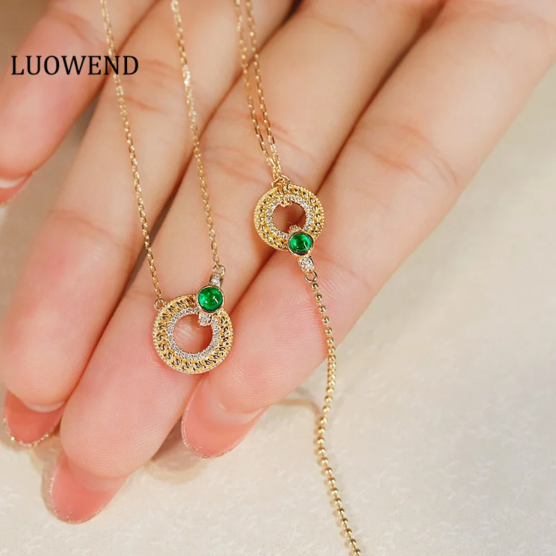 LUOWEND 18K Yellow Gold Bracelet Fashion Style Natural Emerald Bracelet&Necklace for Women Birthday Gift High Diamond Jewelry