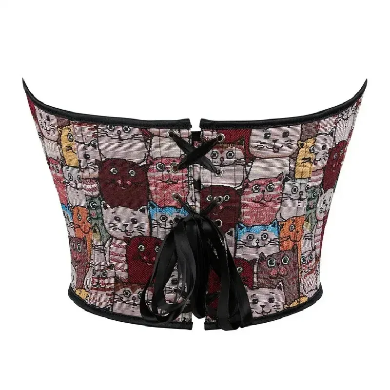 

COSda@Women Corset Strapless Crop Tops Colored Print Cat Pattern Overbust Lace-Up Bustiers Body Shaper Short CorseletCOSda@