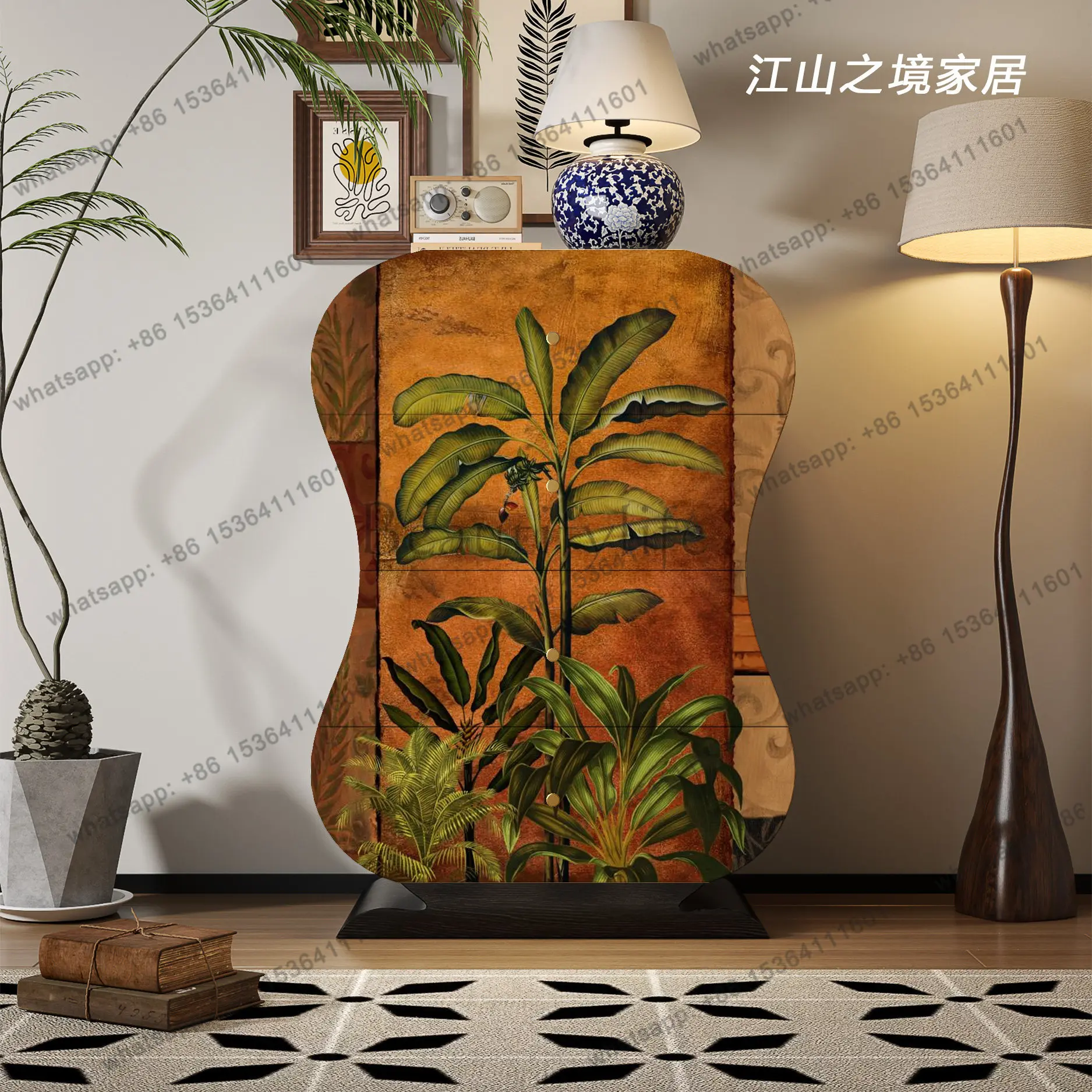 French solid wood four-bucket entrance cabinet, living room against the wall, bedroom, flower sofa side cabinet