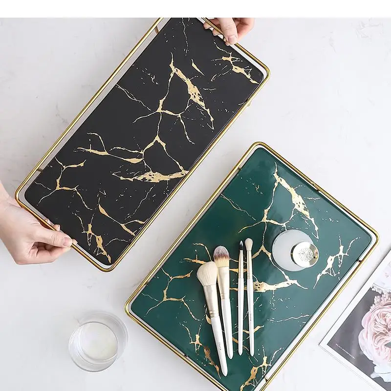 Square Trays Decorative Golden Marble Texture Ceramic Plates Skincare Storage Jewelry Display Plate Dressing Table Bathroom Tray