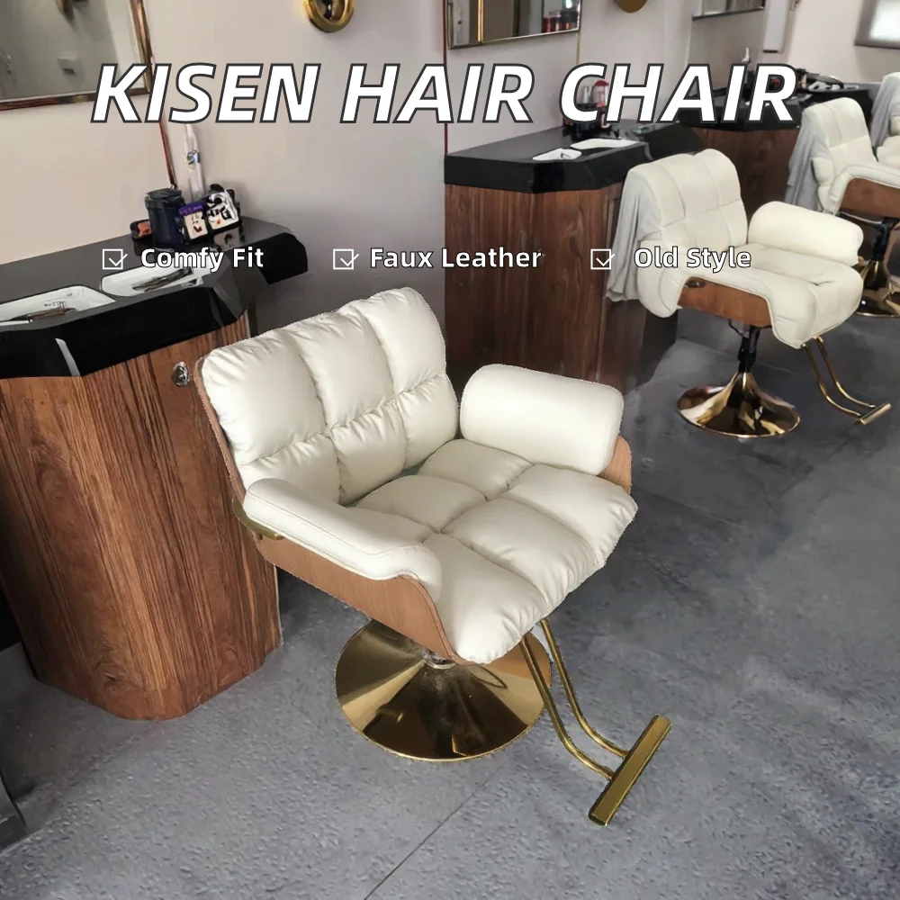# Manufacturer Barber Styling Haircut Chair For Women Beauty Hair Salon Furniture White Synthetic Leather Golden Bas