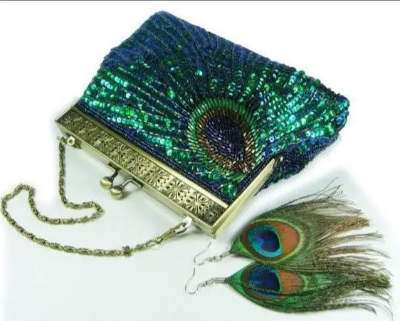 

Lost in Vinatge Evening Bag with Sparkly Glitzy Turquoise Peacocks Beading Clutch with Antique Gold Hardware and Black Silky Bag