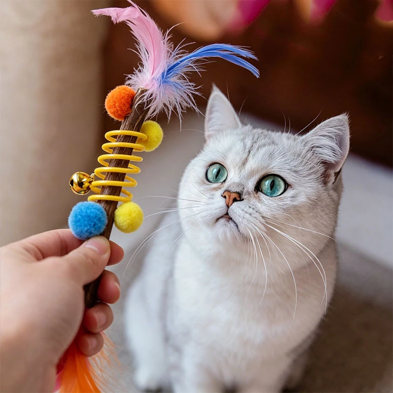 Original Katzenspielzeugstab mit Katzenminze, Feder und Glocke, interaktives Spielzeug zur Selbstbeschäftigung und zur Langeweilebekämpfung.