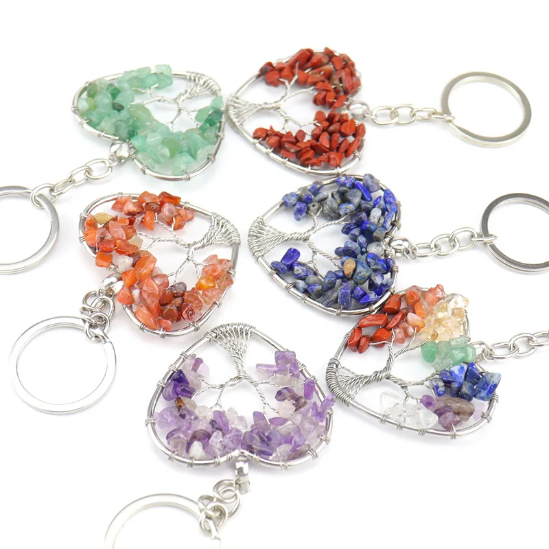 10pcs Heart Tree of Life Key Ring Natural Stone Chip Beads Crystal Rubble Quartz Keychain Pendant Keyrings Bag Acc Jewelry