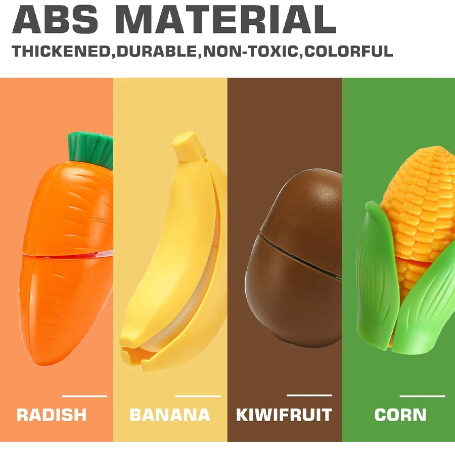 Snijden Speelvoedselspeelgoed voor kinderkeuken, alsof fruit- en groenteaccessoires met winkelopbergmand, plastic minigerechten