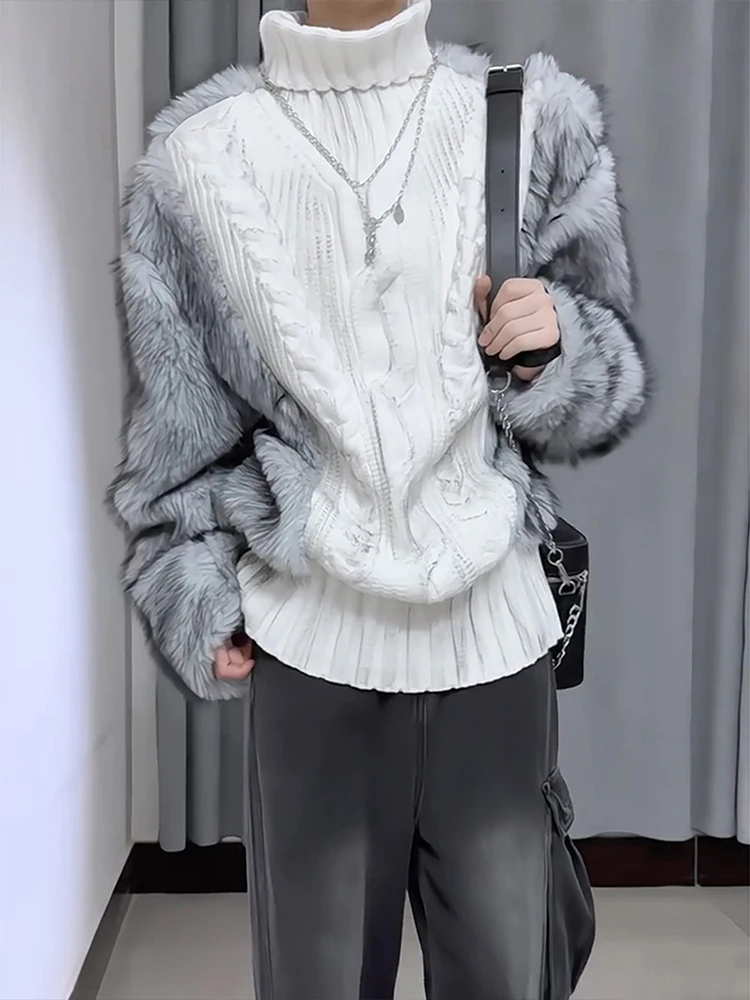 

High Collar Thiened Men's Knitted Sweater Fur Splicing Hand-Painted Base irt Casual Sle Loose Fit Long Sve Autumn Wi...