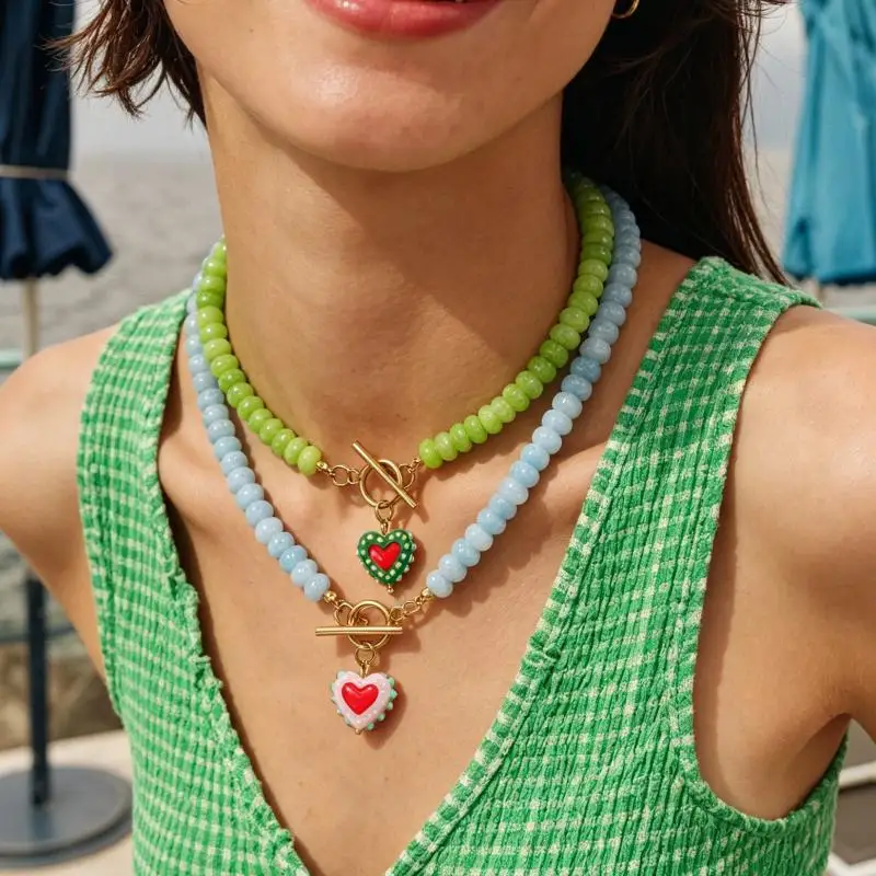 Red Heart Pendant Beaded Necklace with OT Clasp