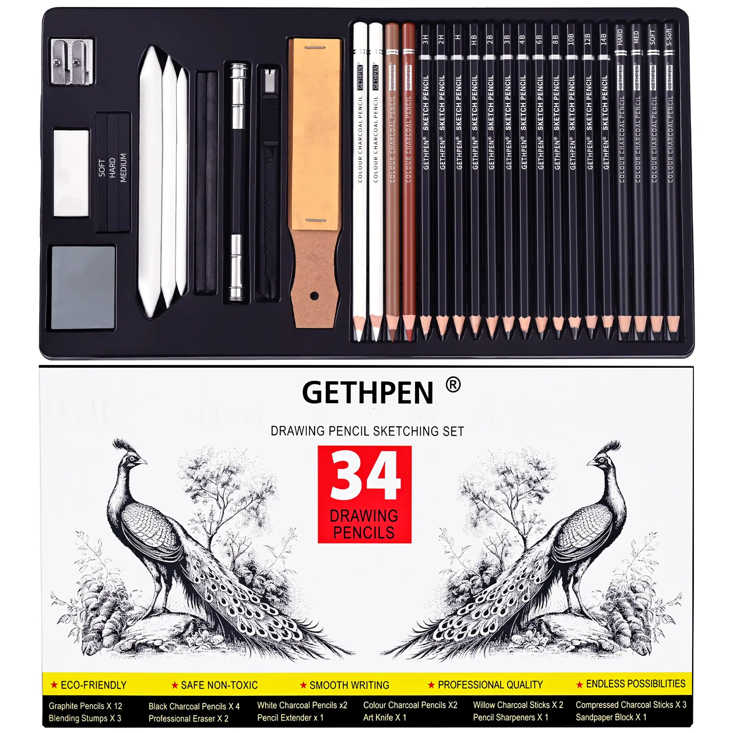 Professional Drawing Pencils 34 Pack, Graphite Sticks & Charcoal, Art Supplies for Sketching & Shading