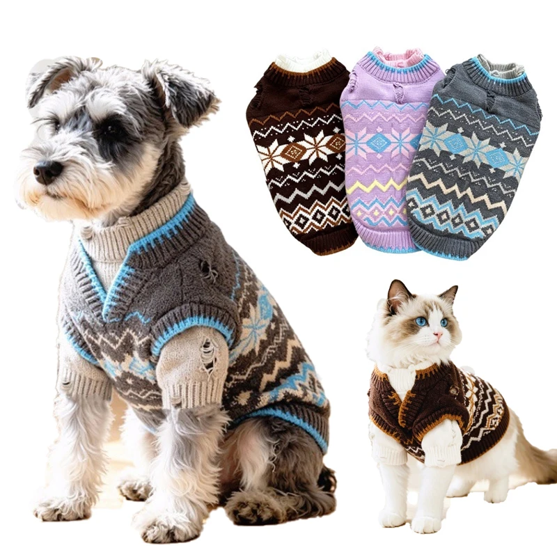 Autumn/Winter Retro Dog Sweater Faux Two-Piece Jacquard Hollow-Out Knitted Pet Clothes for Small Dogs/Cats Pullover for Yorkies