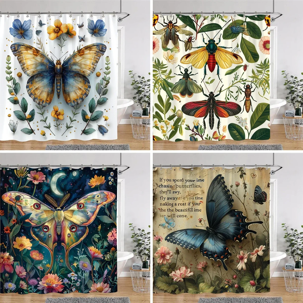 Bohemian Vintage Butterfly Shower Curtain Botanical Floral Astrological Insects Polyester Fabric Shower Curtains Bathroom Decor