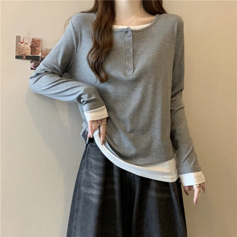 Fake Two Piece Tees Spliced Women Tops T Shirt Long Sleeve Casual Shirt Loose Pullover Autumn Slight Strech Basics Sports Shirt