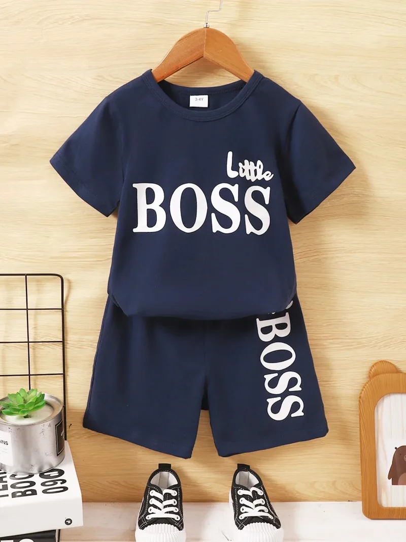 Summer Kids Cool Boys Short Sleeves Cotton Two-Piece Suit for Old Little Boss Kids Fashion Leisure Time Suit