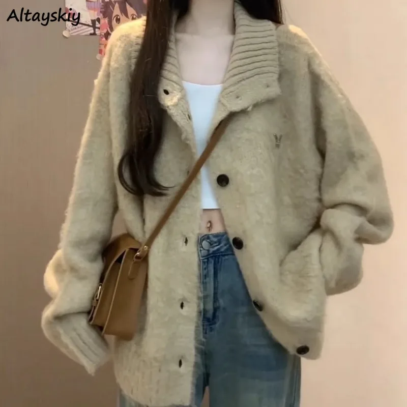 

Cardigans Women American Retro Sweater Turtleneck Design Single Breasted Simple All-match Loose Fit Tops Streetwear Attractive