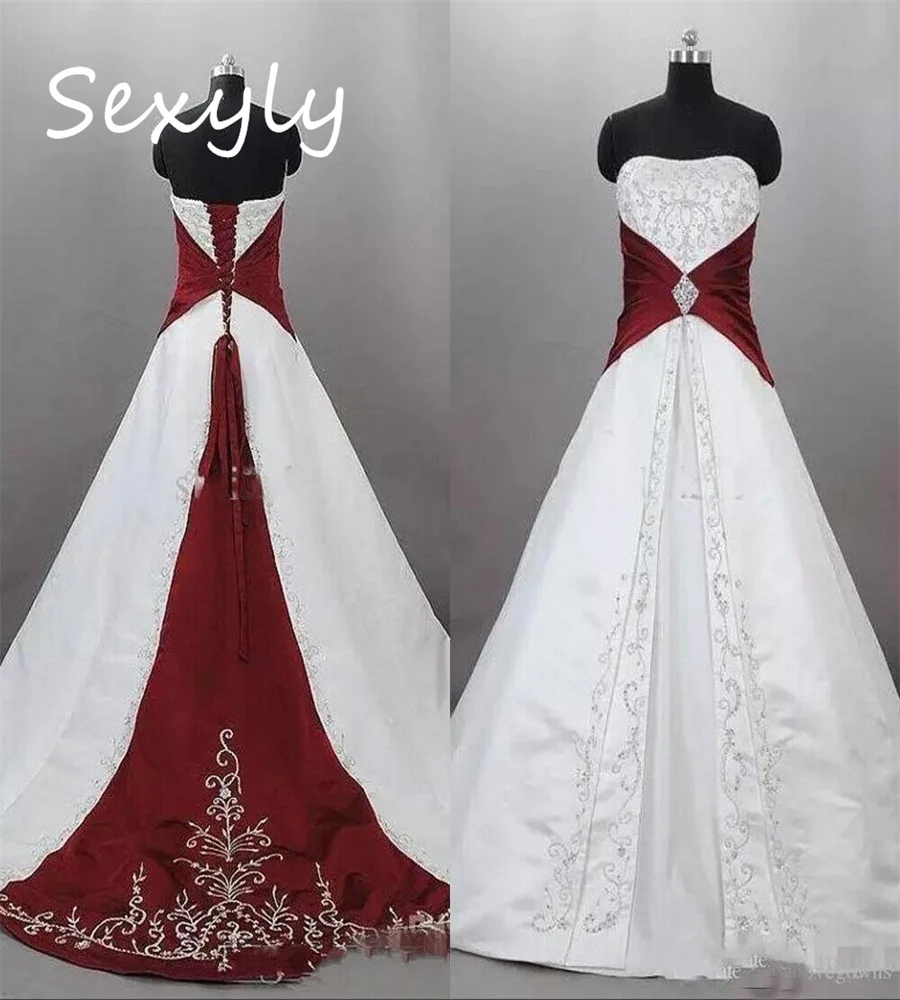 

Celtic1920s Gatsby Embroidery Wedding Dress Burgundy And White Satin Renaissance Medievel Gothic Bride Dress Corset Customized