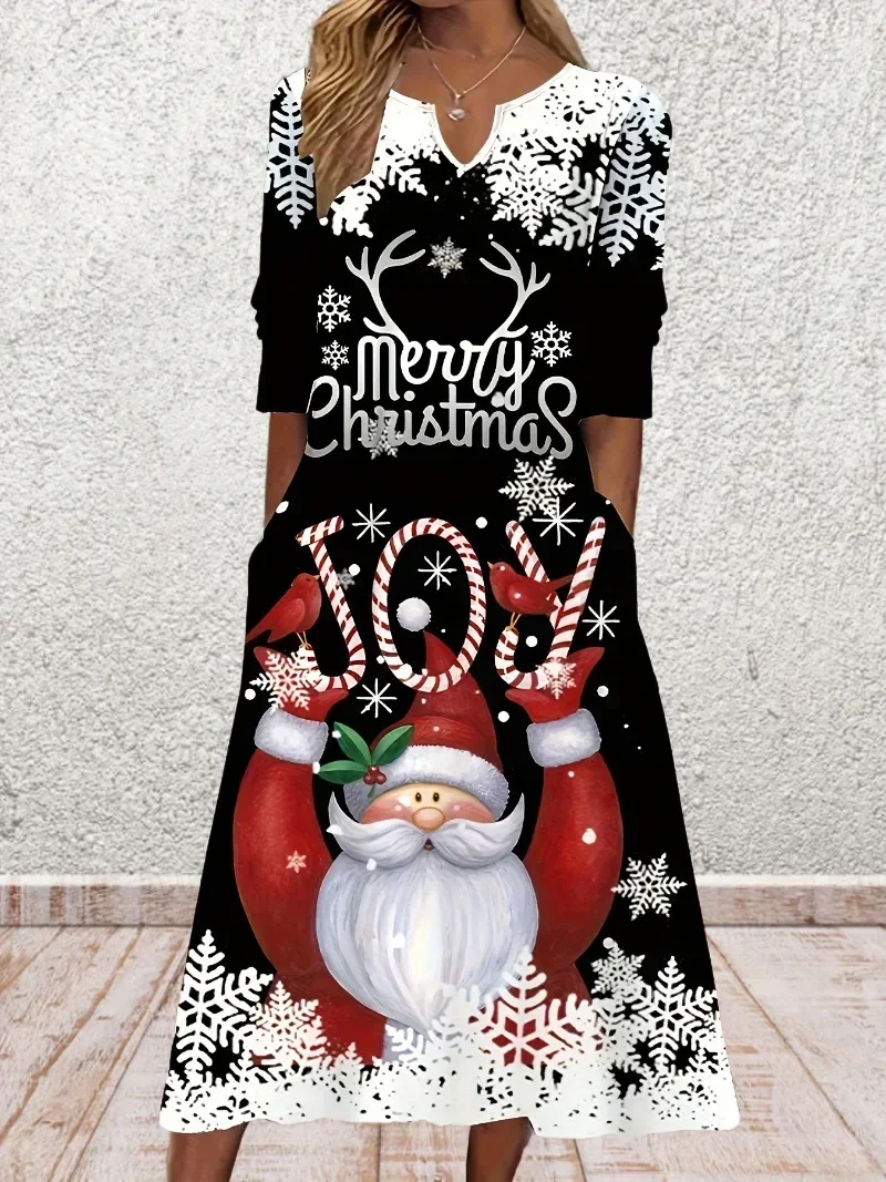 

Plus Size 1XL-5XL Women's Plus Santa Dress Ladies Claus & Slogan Print Long Sleeve Notched Neck TeeLong Sleeve Dress