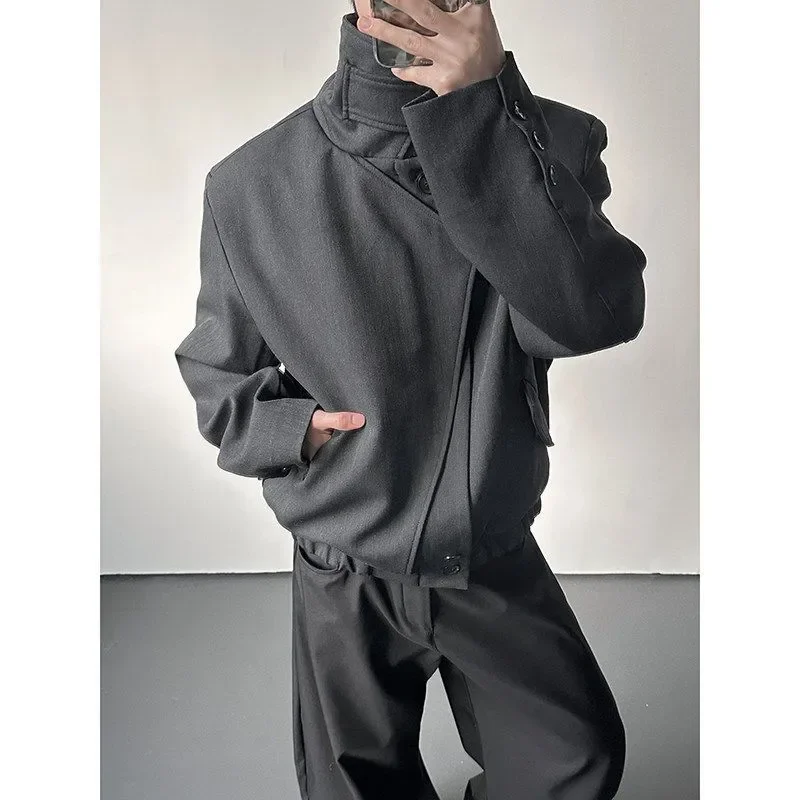 Men's Retro Stand Collar Jacket Spring  Autumn Cleanfit Stacked Placket Design Sense Casual Outerwear High Street Fashion Coat