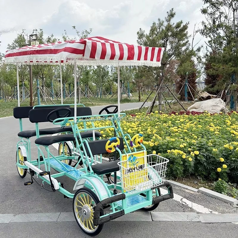 4-Person touring bicycle Double bicycle/Three-row sightseeing bicycle/Public Surrey bicycle with child seat