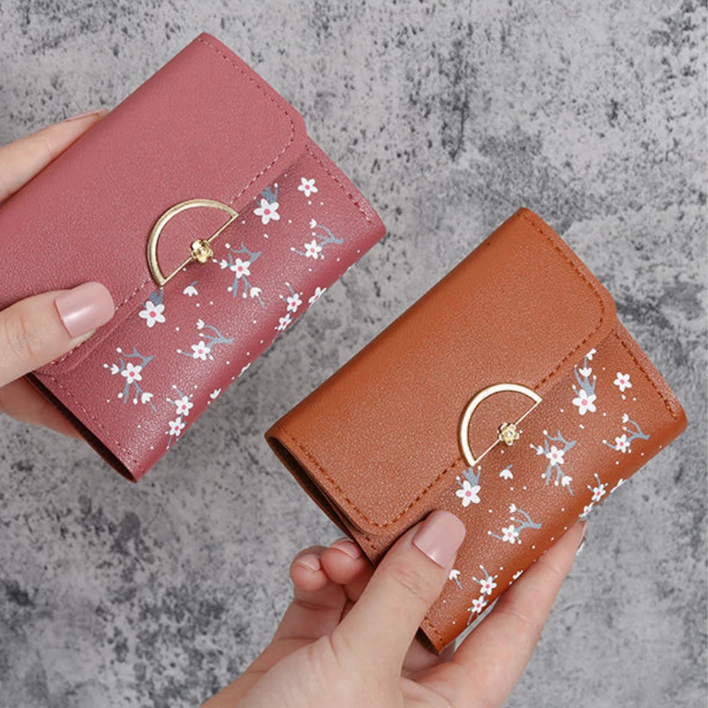 Flower Printed Purse Women PU Leather Three Fold Wallet Cash Bag Ladies Clutch Short Wallet ID Card Holder Cute Handheld Wallet