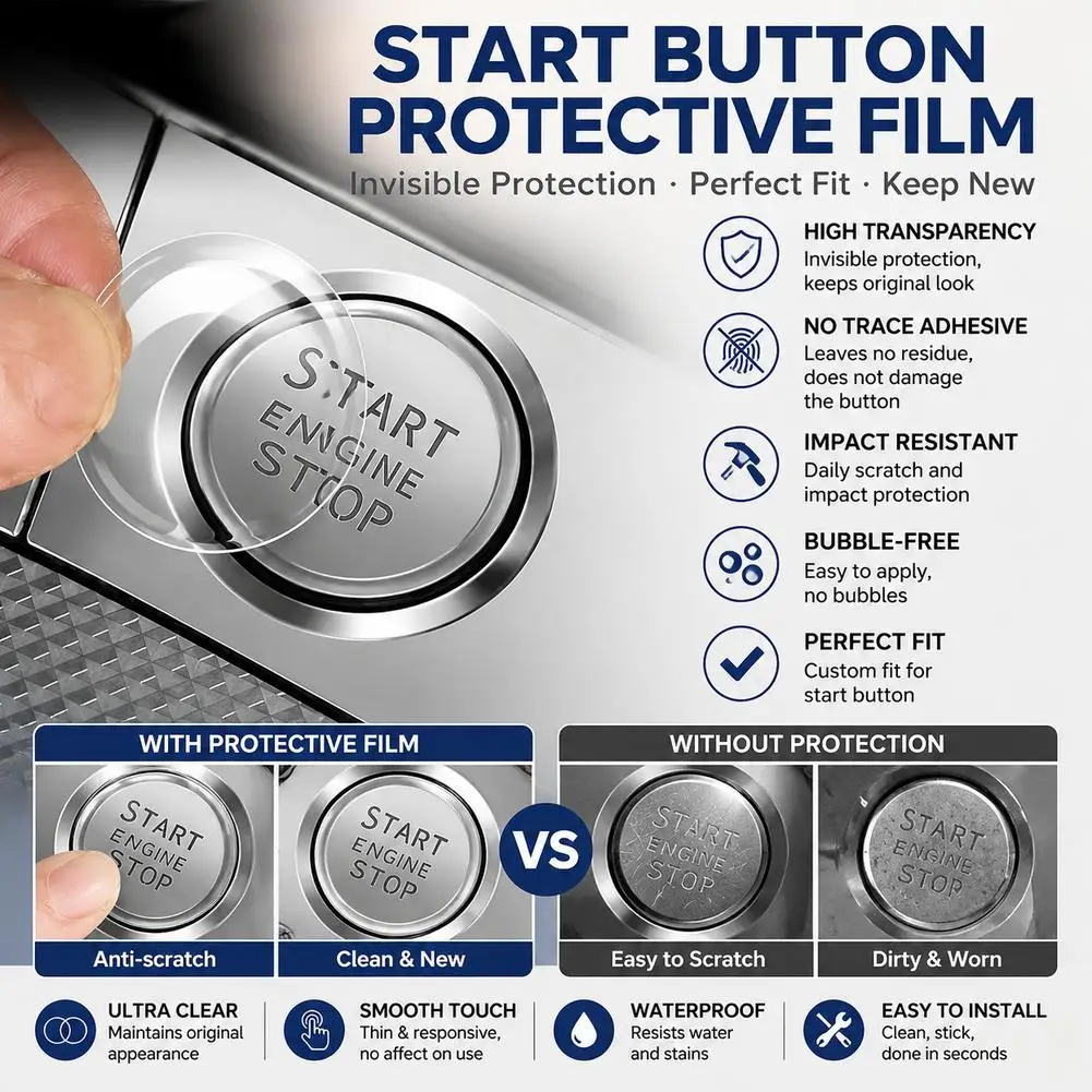 Crystal Transparent Ignition Switch Sticker HD Light-Transmitting Protective Film Start Stop Button Protector Scratch Resistant