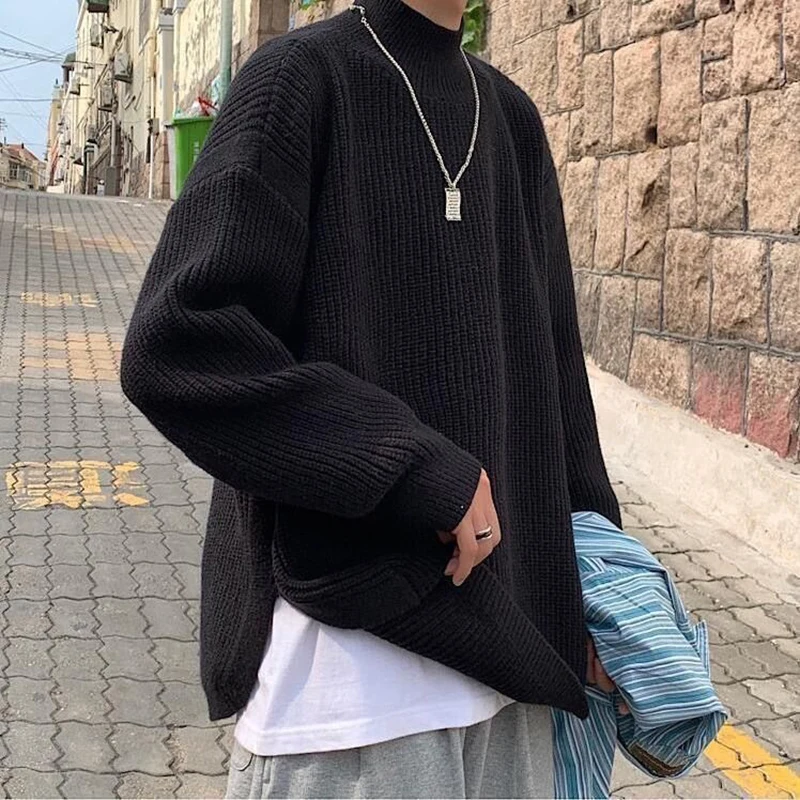 Side Slit  Knitted Turtleneck Vintage Fall Winter Long Sleeve Clothes Fashion Casual Harajuku Men Korean Pullovers High Quality