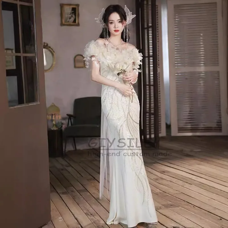 GIYSILE Personalizzato Super Fata Bianco Abito da Sera Sexy Luce di Lusso Floreale 2025 Nuovo Temperamento per Banchetti a Coda di Pesce con Una Spalla