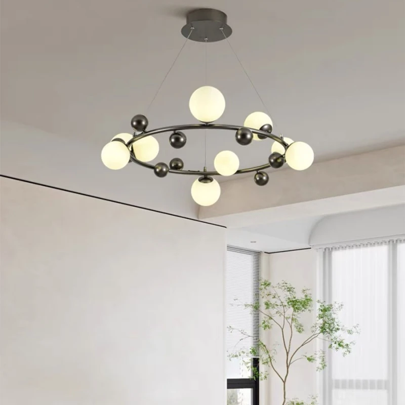 Imagem -02 - Modern Chandelier Interior para Salão Black Metal Vidro Branco Sala de Jantar Quarto Hall Lâmpada de Arame Ajustável Dropshipping g9