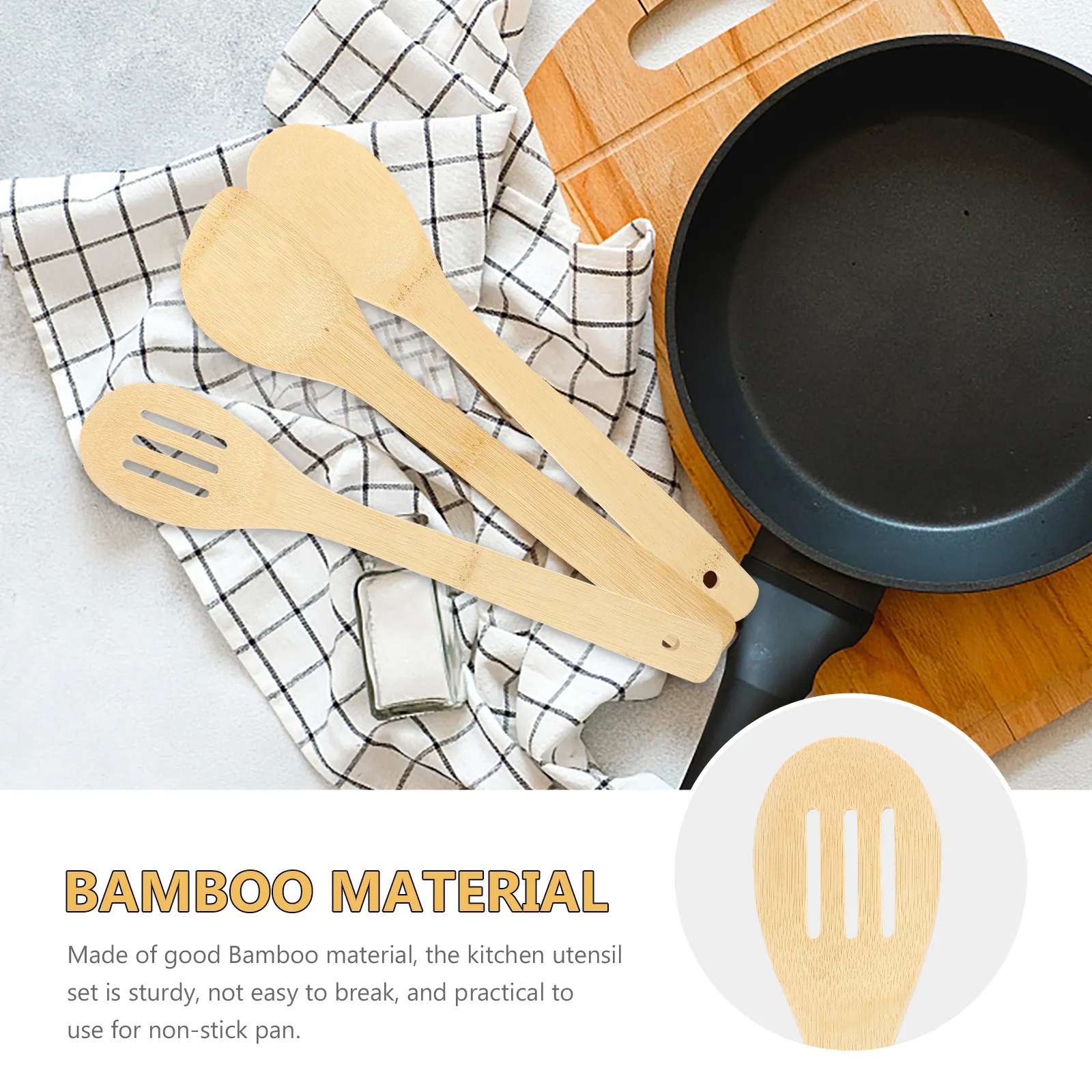 3Pcs Bamboo Cooking Spatula Set Long Handle Heat Resistant Non Stick Cookware Kitchen Spatulas for Sauteing Serving Mixing