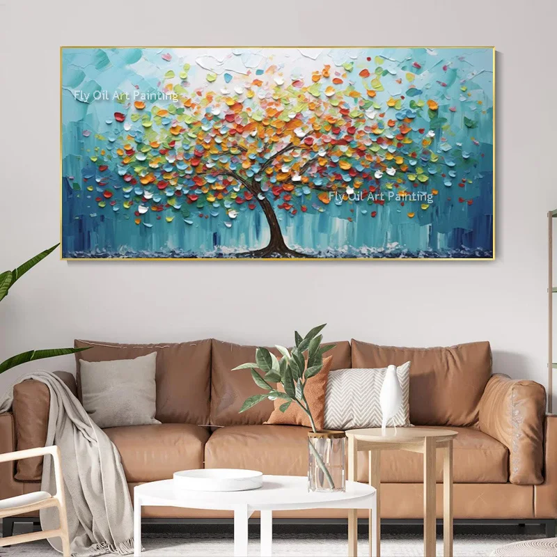Colorful Tree Knife Thick Oil Painting Hand Painted Aesthetic Canvas Modern Artwork Abstract Treescape Wall Art For Home Decor