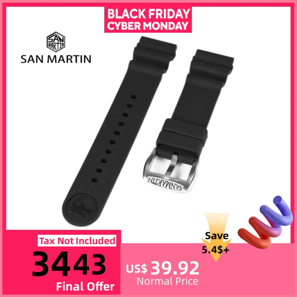 

San Martin 20mm 22mm Men Dive FKM Rubber Strap Waterproof With Stainless Steel / Bronze Pin Buckle Watchband Comfortable SF0003