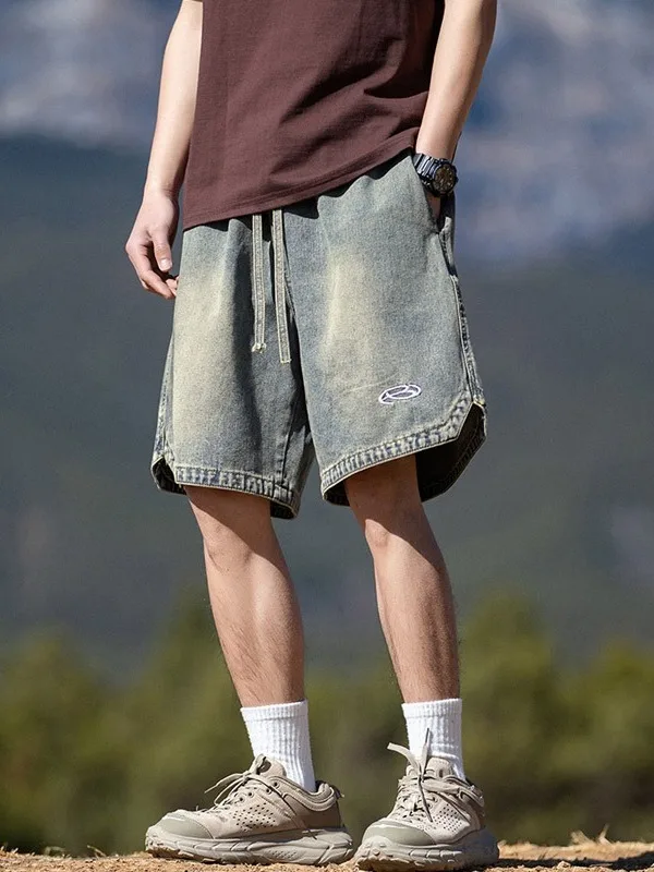 

Retro Waed Denim ort Pants Summer Embroidery Cool American Casual Loose Dstring Versatile Five-Point Middle Pants