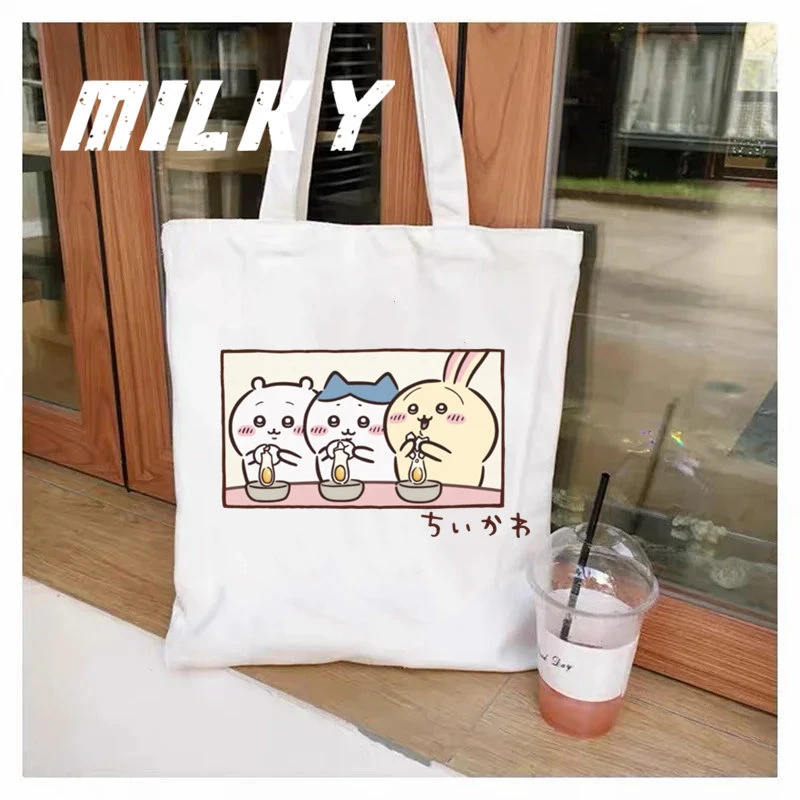 MINISO Kawaii Chiikawa حمل حقيبة قابلة للطي سعة كبيرة أكياس التسوق الجمالية موضة قماش قابلة لإعادة الاستخدام حقيبة كتف قماش هدية