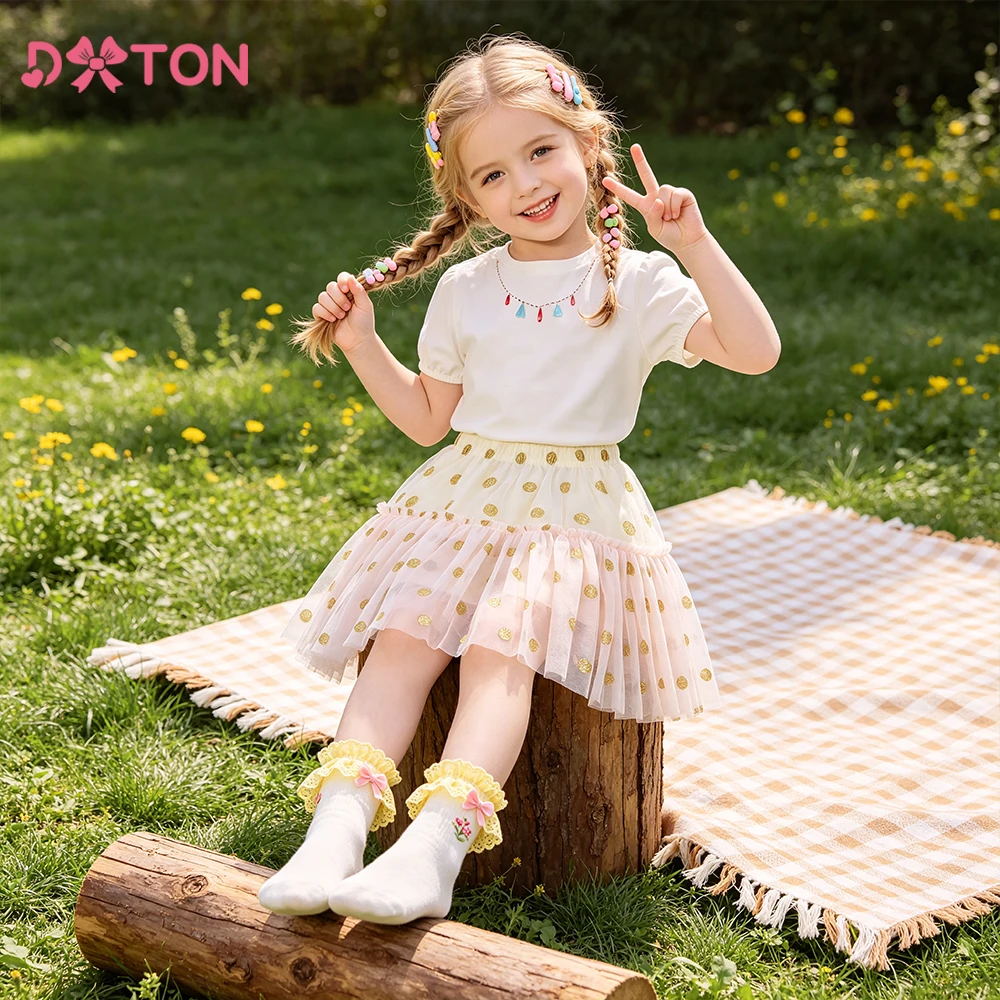 DXTON Saia tutu de malha para meninas, saia evasê em tule com patchwork, mini saia infantil de princesa com bolinhas, elástica, para uso diário
