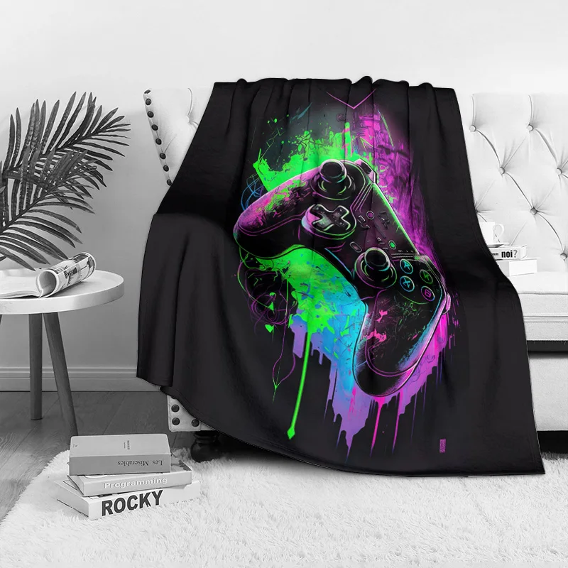 Gaming Controller Pattern Throw Blanket, Splatter Art in Purple Green Blue on Black, Gamer Gift for Bedroom or Sofa Decor