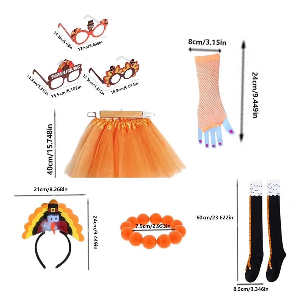 PESENAR Thanksgiving themed party outfit set (including turkey headband, decorative glasses, chiffon skirt, etc.)