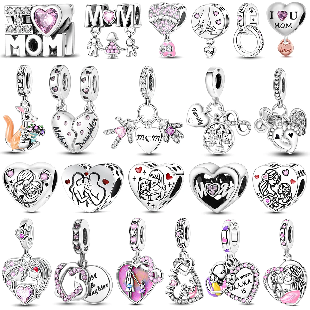 Mother's Gift  Heart Silver Charms Beads Fit Original Bracelet Bag Keychain Earring Charm Bead Pendant Diy Women Jewelry Gift