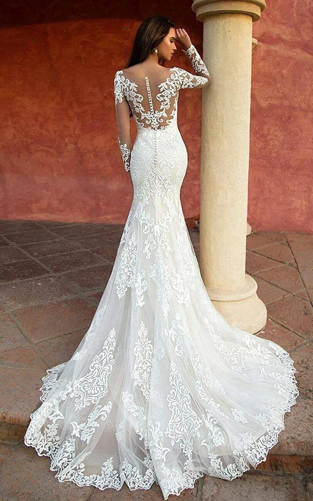 Customzied Mermaid Wedding Dresses For Women Long Sleeve Bride Gowns Lace Vestidos De Noiva Button Sexy Simple de mariée