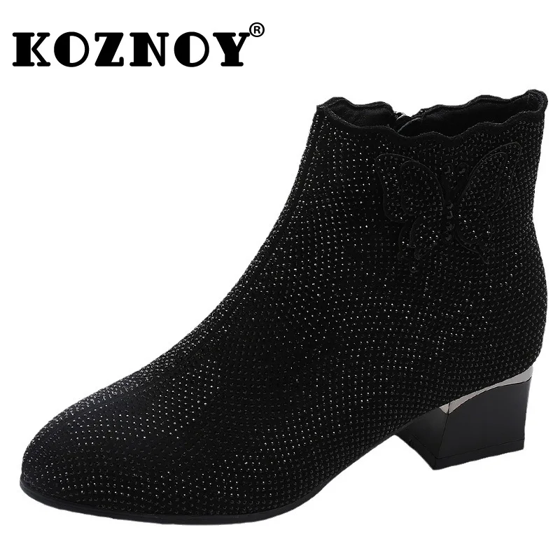 Koznoy 4.5CM New Synthetic Leather Big Size Spring Fashion Women Autumn Chimney Ankle Mid Calf Bling Booties Chelsea Ankle Shoes