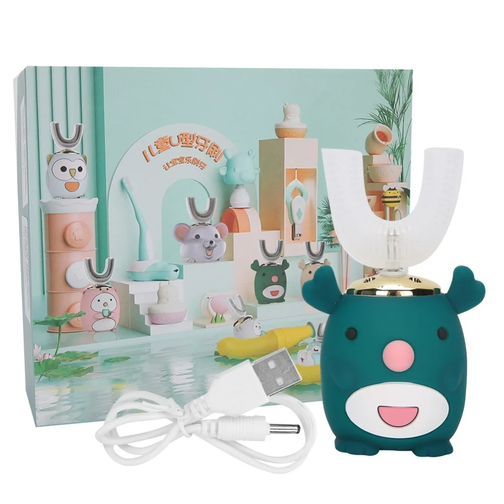 Silicone Bristles Children Electric Sonic Toothbrush Rechargeable Cartoon U-Shaped Toothbrush Green 360 Degree Rotation