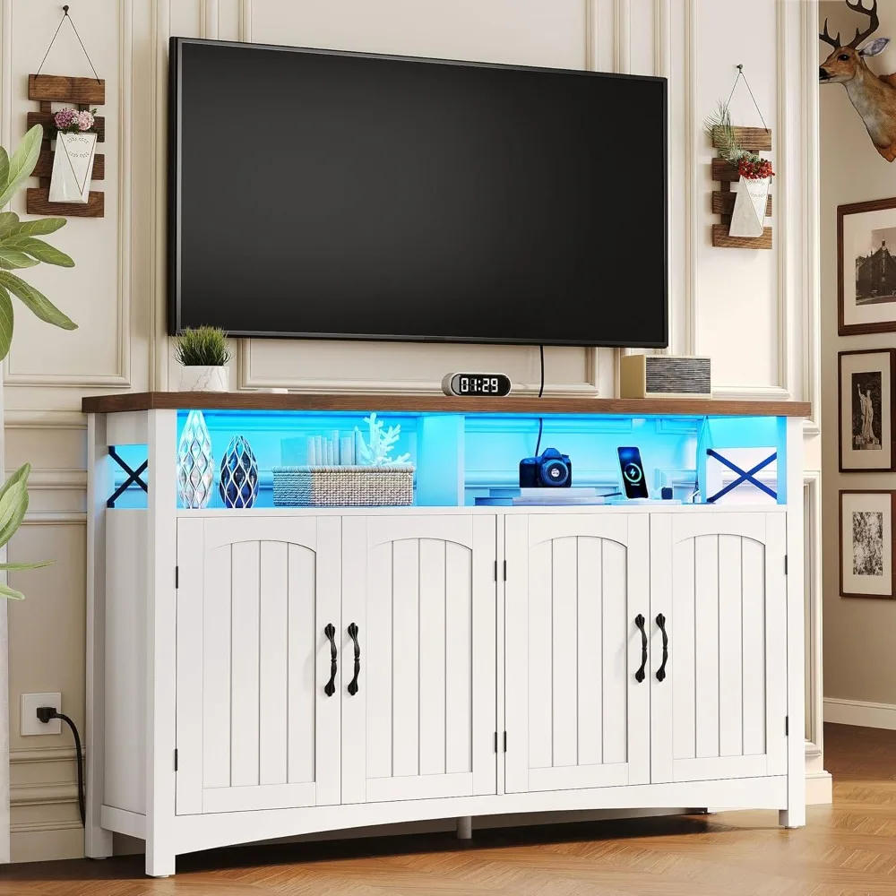 

Farmhouse TV Stand for 60 Inch TV, 35.4 Tall Wood Entertainment Center w/2-Door Storage Cabinets, Adjustable Shelves, Large