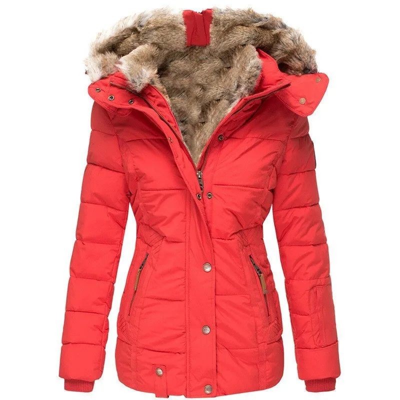 Inverno nova moda feminina cor sólida magro casual na moda gola de pele com capuz simples básico acolchoado casacos roupas femininas parkas