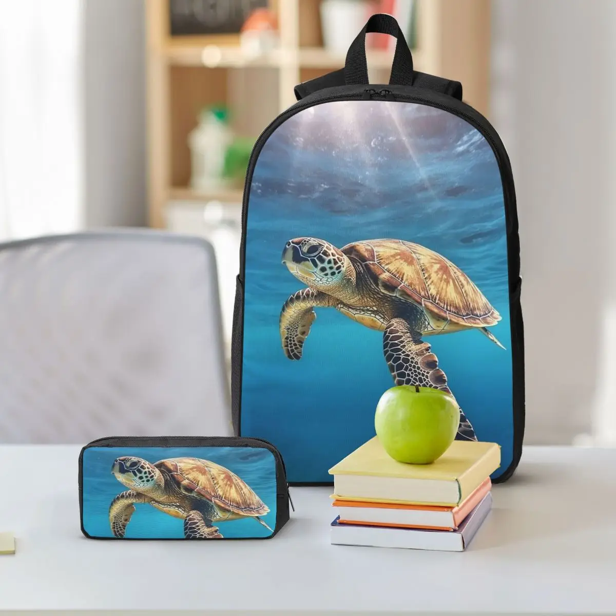 Sea Turtle Swimming In Water Backpack Student BookBag School Bag Shoulder Bags 3ps Insulated Lunch Bag Pencil Case