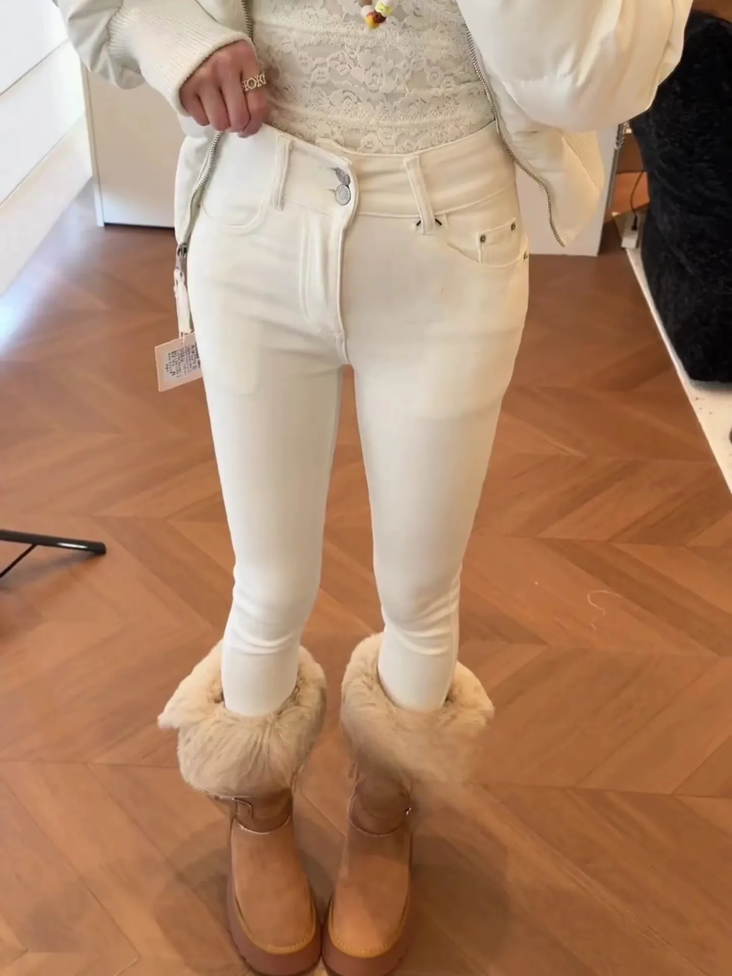 

Korean Sle Women's Slim Fit Fce Lined High Waist Jeans Elastic Stretchy Cotton Denim Pants Autumn Winter Faion Trend