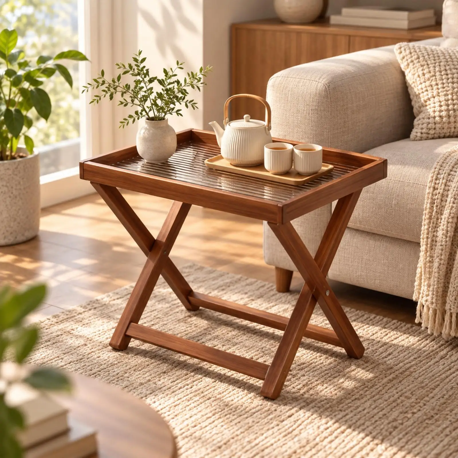 Folding Square Bamboo Side Table Wood Frame Tray Top for Sofa Tea Serving Occasional Indoor Use
