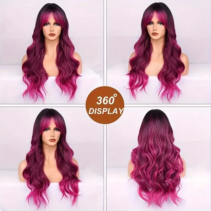 26 بوصة الاصطناعية مقاومة للحرارة الأسود إلى الأرجواني أومبير المرأة شعر مستعار طويل مموج للحزب زي الهالوين