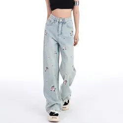 ZHISILAO Vintage Floral Print Jeans Women Blue Wide Leg Straight Full Length Denim Pants Korean Fashion Spring 2024