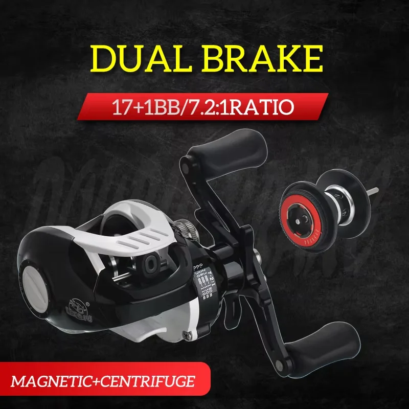 Lizard Magnetic centrifugal double brake baitcasting fishing reel with metal spool and handle 8kg Max drag 7.2:1 speed ratio