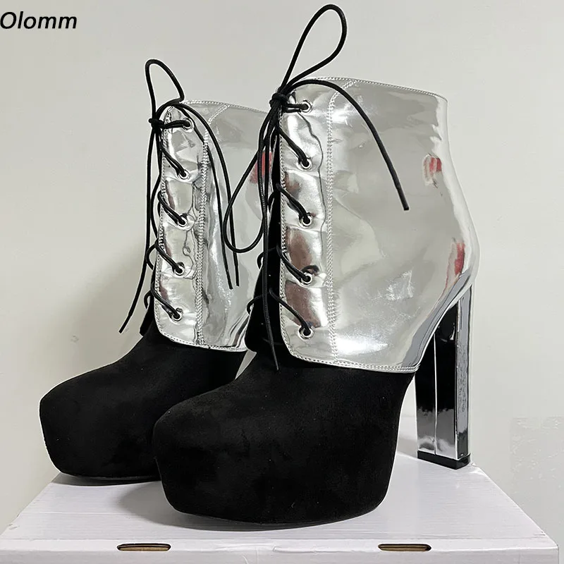 

Olomm новые модные женские ботильоны на платформе со шнуровкой на массивном каблуке с круглым носком, великолепная серебряная обувь для вечеринок, женские размеры США 5-20