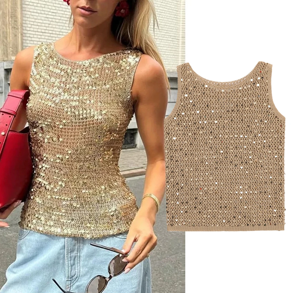 

Maxdutti Minimalist Sequined Hollow Knitted Vest T-shirt For Women Fashion Elegant Summer Sleeveless T-shirt Women Tank Tops